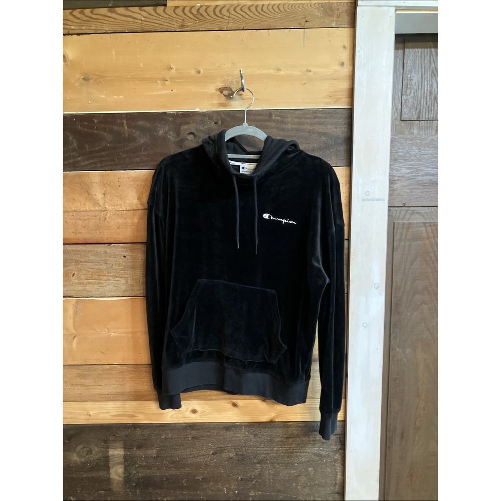 Champion Black Cropped Velour Pullover Hoodie Long Sleeve Size Medium